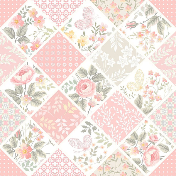 Patchwork with Roses and Butterflies Fabric - Pastel - ineedfabric.com