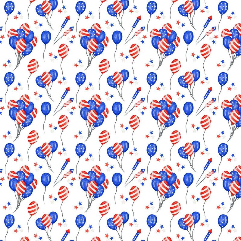 Patriotic Balloons & Fireworks Fabric - White - ineedfabric.com