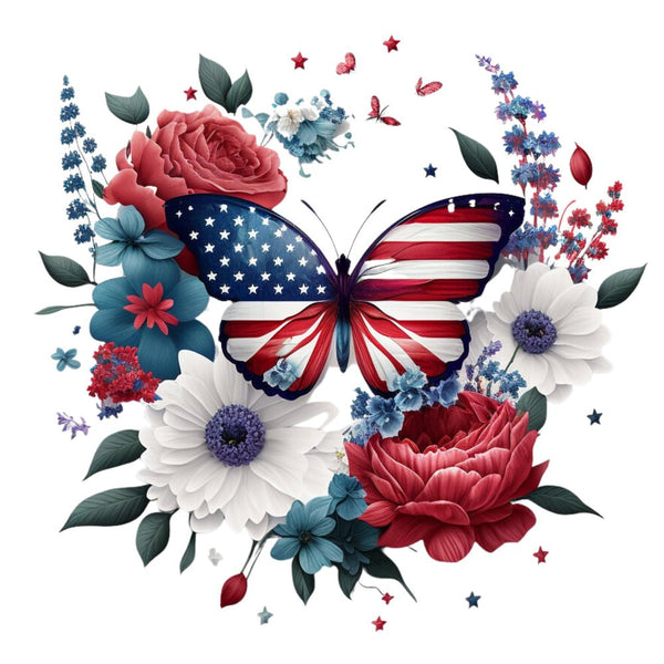 Patriotic Floral Butterfly 1 Fabric Panel - ineedfabric.com
