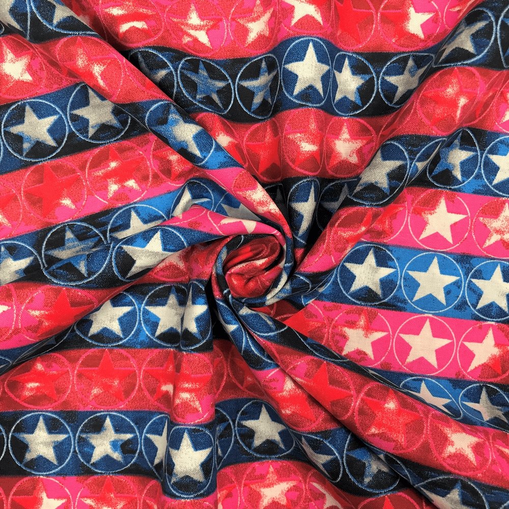 Blue Stars And Dots Cotton Patriotic Print Fabric Sold By The Yard