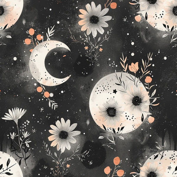 Peach Floral Moon Phases Fabric - Black & White - ineedfabric.com