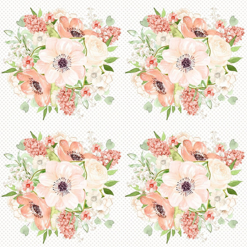 Peach Romance Bouquet on Small Polka Dot Fabric - White - ineedfabric.com