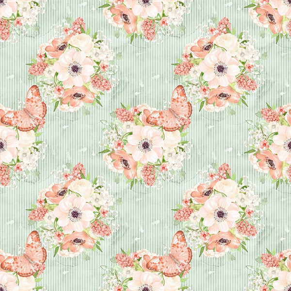 Peach Romance Flowers and Butterflies Striped Fabric - Green - ineedfabric.com