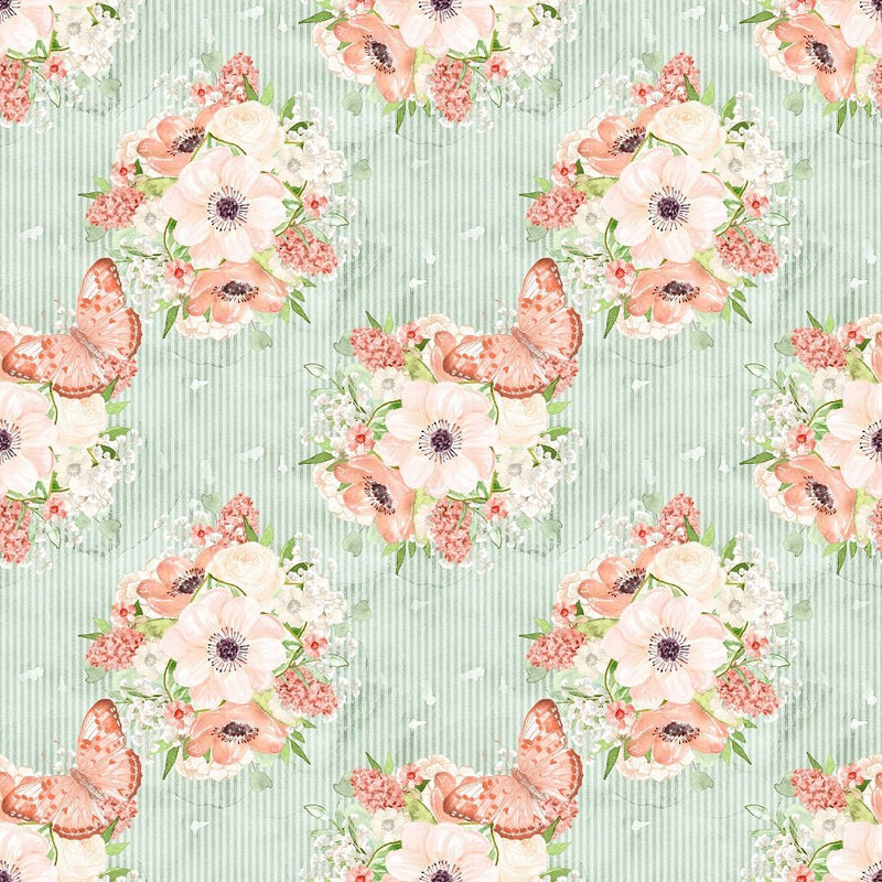 Peach Romance Flowers and Butterflies Striped Fabric - Green - ineedfabric.com