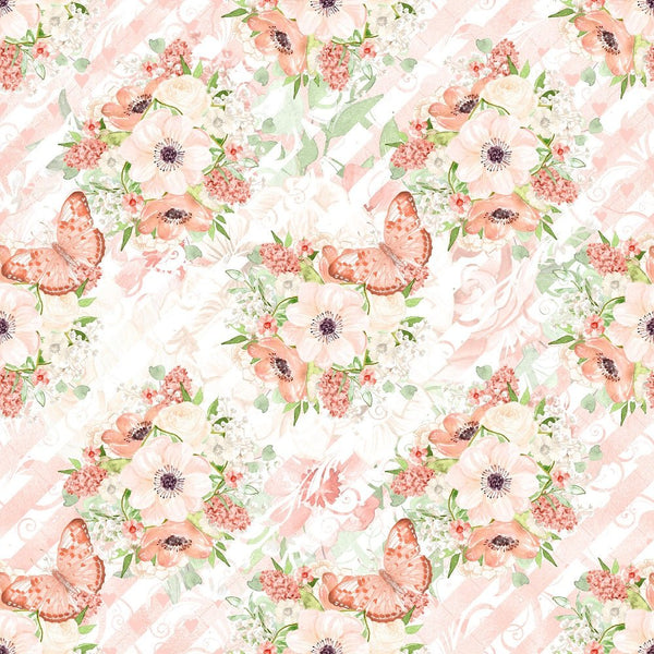 Peach Romance Flowers and Butterflies Striped Fabric - Pink - ineedfabric.com
