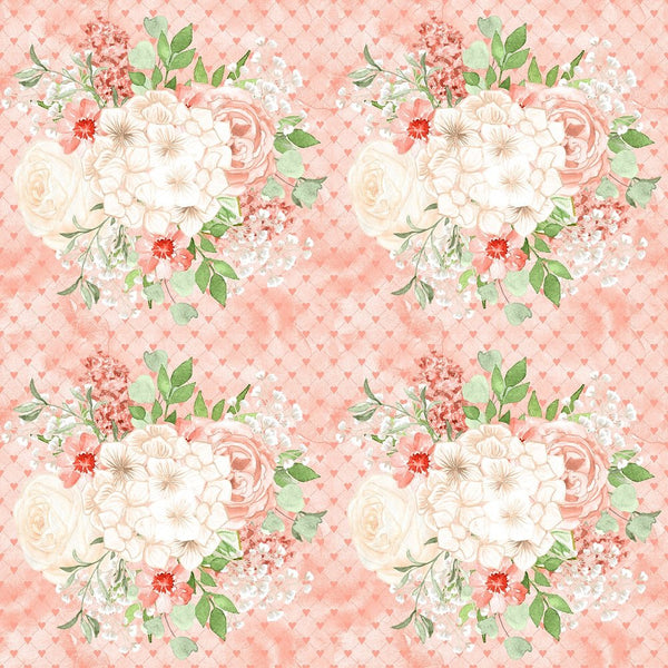 Peach Romance Large Bouquet on Hearts Fabric - Pink - ineedfabric.com