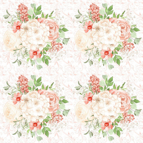 Peach Romance Large Bouquet on Swirls Fabric - White - ineedfabric.com