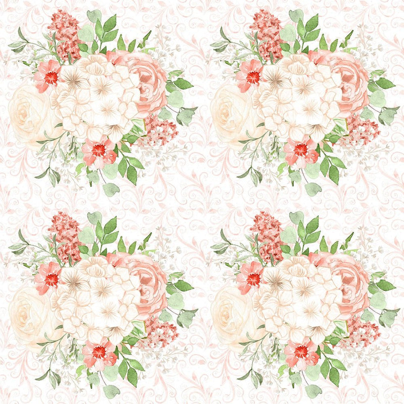 Peach Romance Large Bouquet on Swirls Fabric - White - ineedfabric.com
