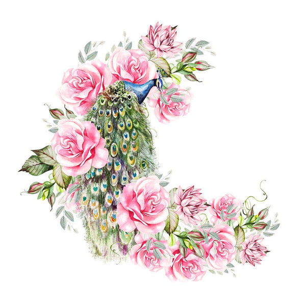 Peacock with Peonies and Roses Fabric Panel - ineedfabric.com