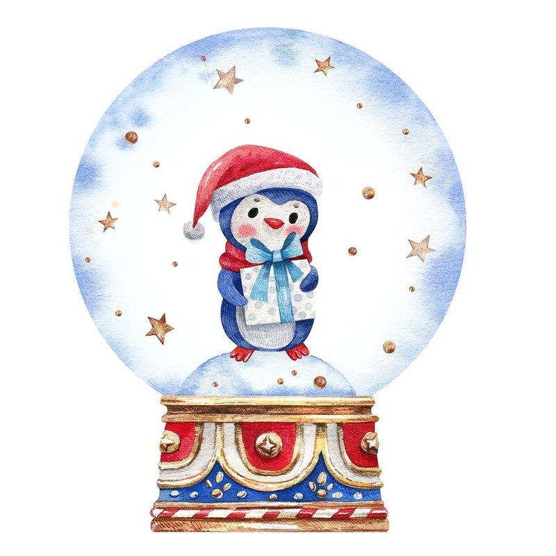 Penguin Holding Present in Snowglobe Fabric Panel - ineedfabric.com