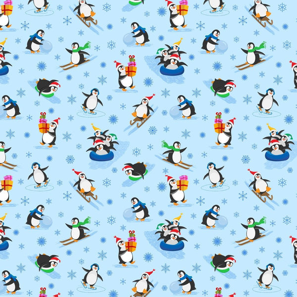 Penguin Snow Day Fabric - Blue - ineedfabric.com