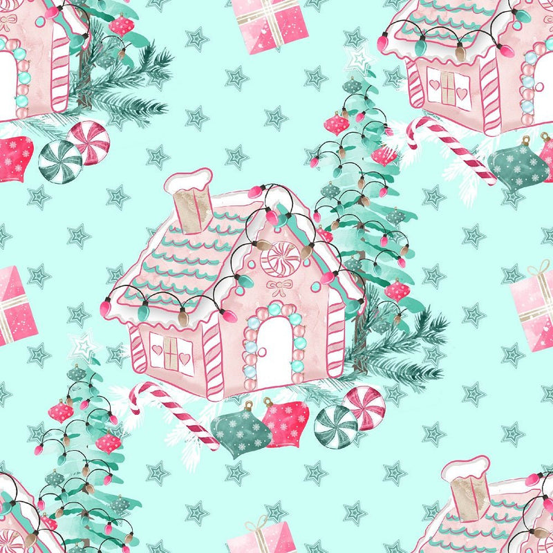 Peppermint Christmas Gingerbread House Fabric - Green - ineedfabric.com