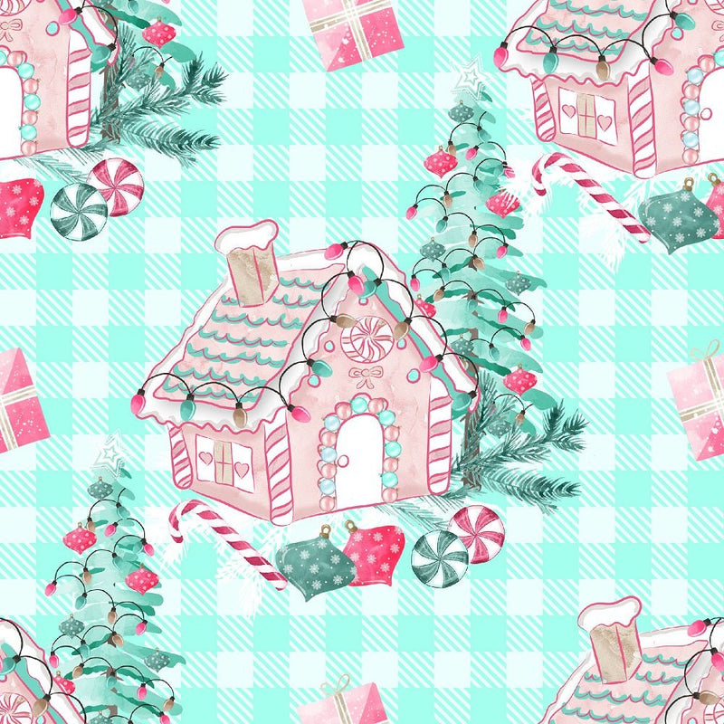 Peppermint Christmas Gingerbread House on Plaid Fabric - Green - ineedfabric.com