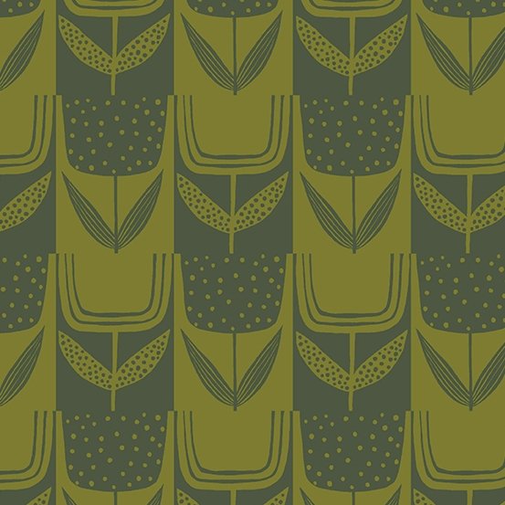 Perennial Patchwork Tulips Fabric - Olive - ineedfabric.com