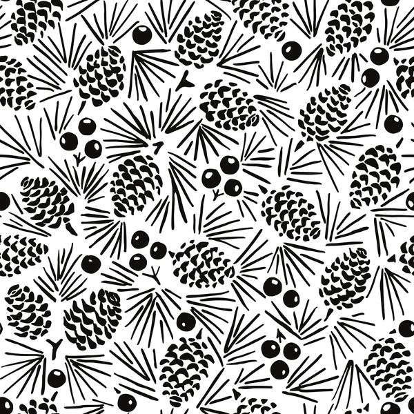 Pinecone & Berries Fabric - Black/White - ineedfabric.com