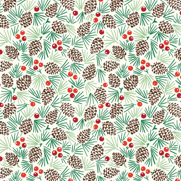 Pinecone & Red Berries Fabric - Multi - ineedfabric.com