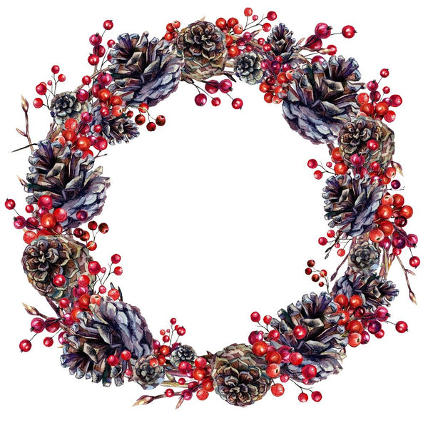 Pinecones & Red Berries Wreath Fabric Panel - ineedfabric.com