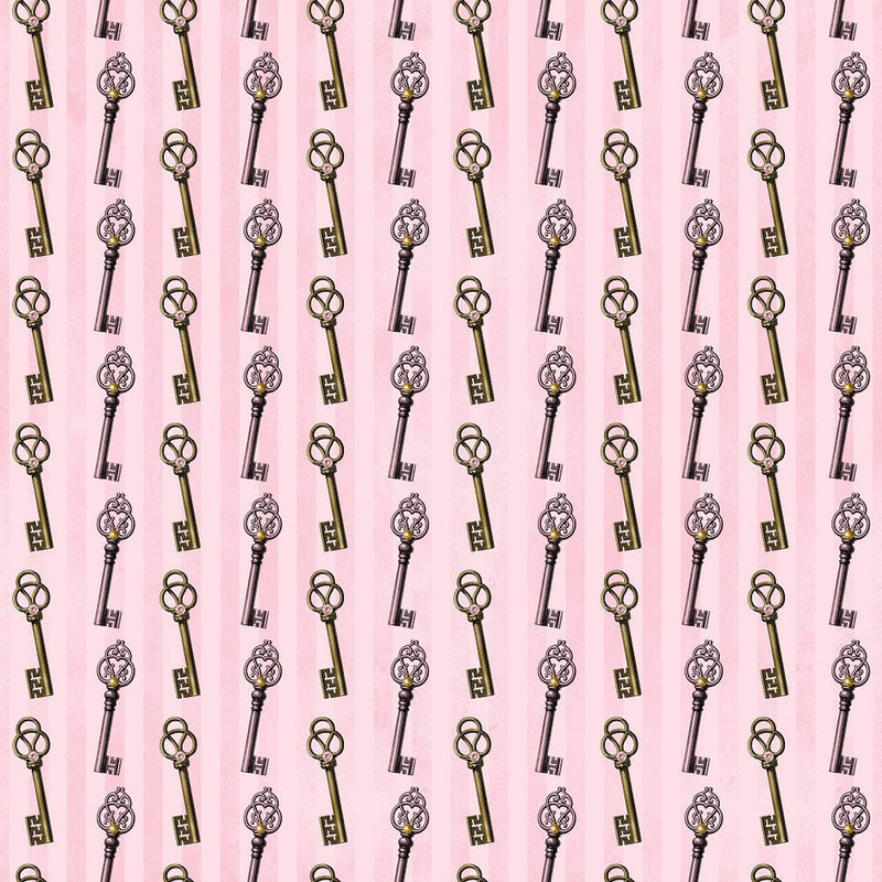 Pink and Gold Steampunk Keys Fabric - ineedfabric.com