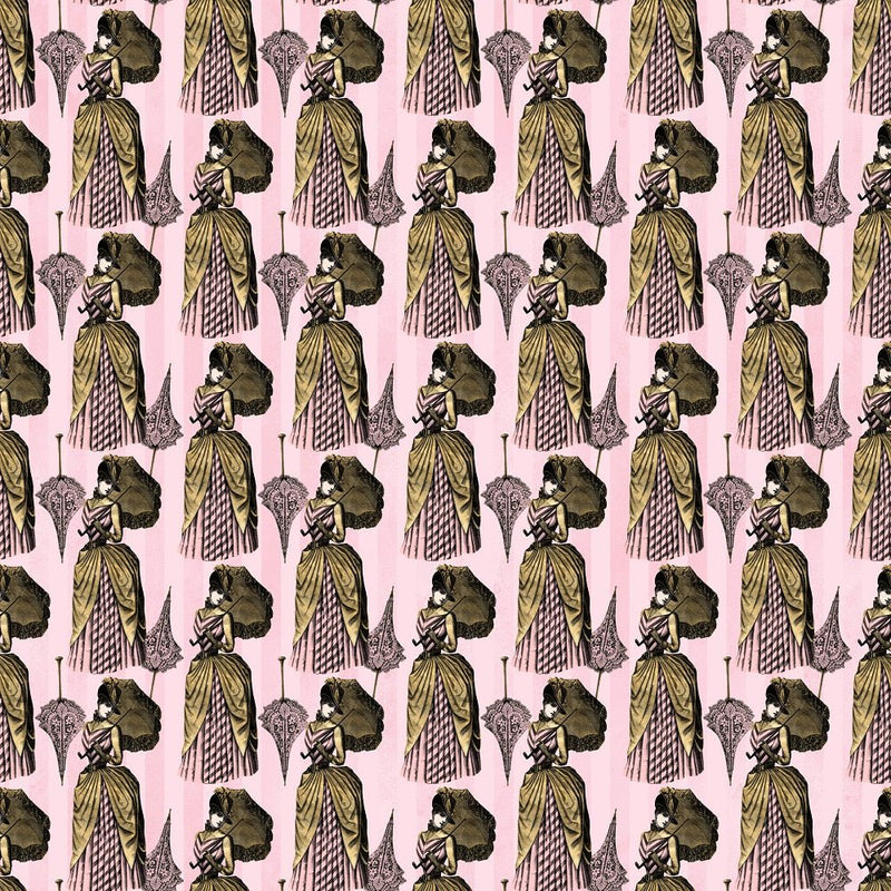 Pink and Gold Steampunk Lady Fabric - ineedfabric.com