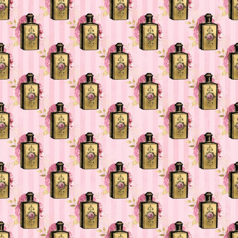 Pink and Gold Steampunk Perfumes Fabric - ineedfabric.com