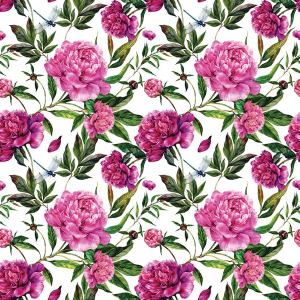 Pink Peonies Bouquet and Dragonflies Fabric - ineedfabric.com