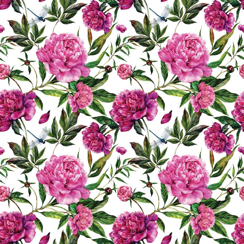 Pink Peonies Bouquet and Dragonflies Fabric - ineedfabric.com