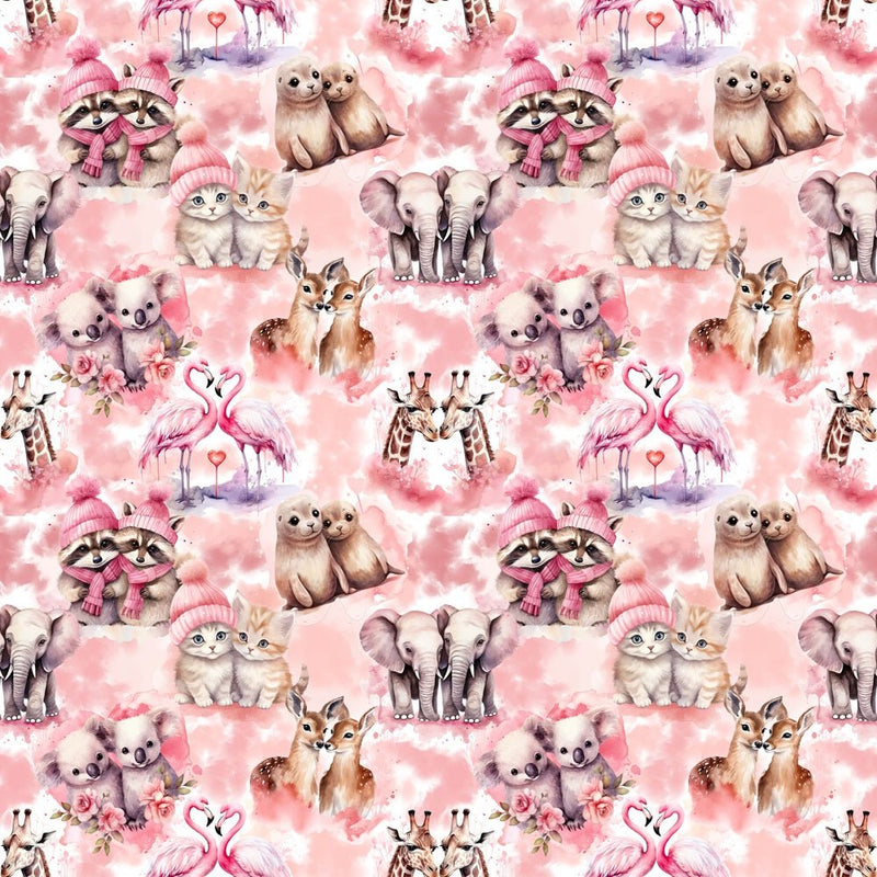 Pink Winter Coupled Animals Fabric - ineedfabric.com