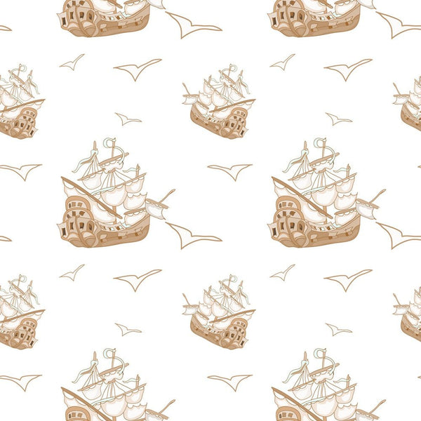 Pirate Adventure Ship Fabric - White - ineedfabric.com
