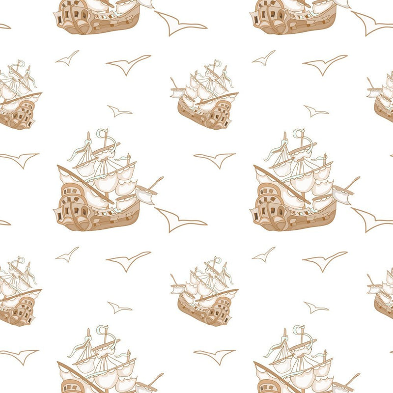 Pirate Adventure Ship Fabric - White - ineedfabric.com