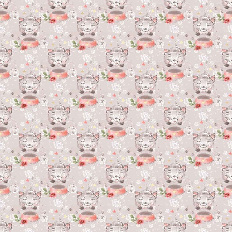 Playful Cat with Flowers Fabric Panel - Grey - ineedfabric.com