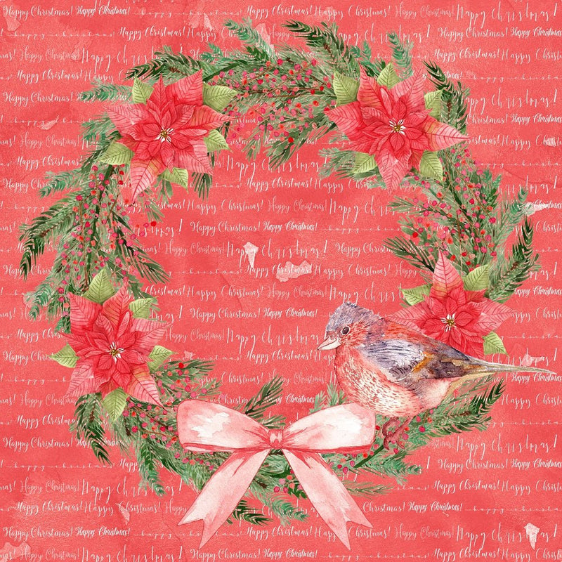Poinsettia Wreath with Bird Fabric - Red - ineedfabric.com