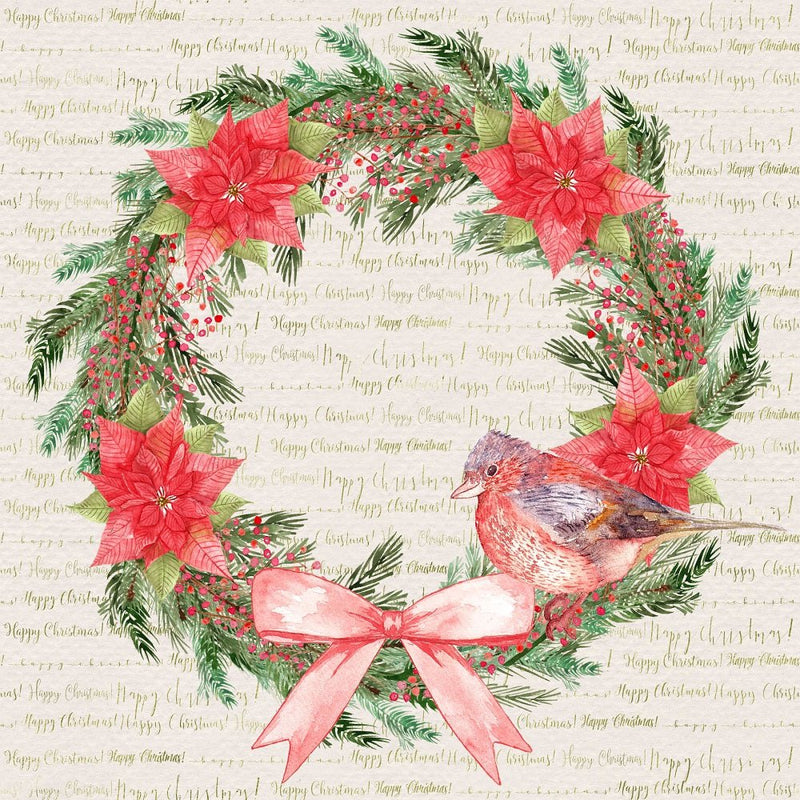 Poinsettia Wreath with Bird Fabric - Tan - ineedfabric.com