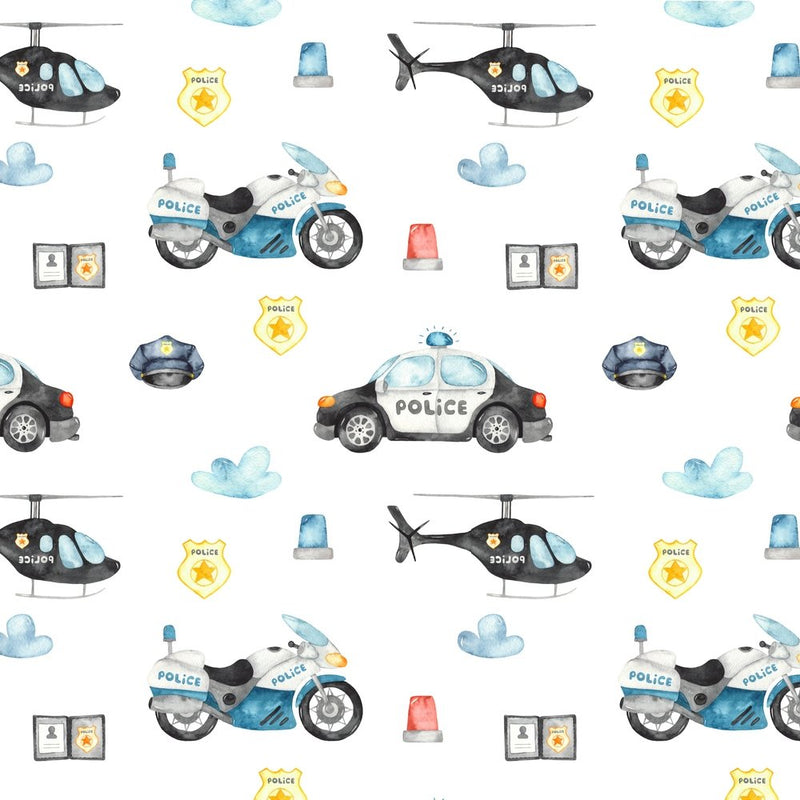 Police Helicopter And Bike Fabric - White - ineedfabric.com