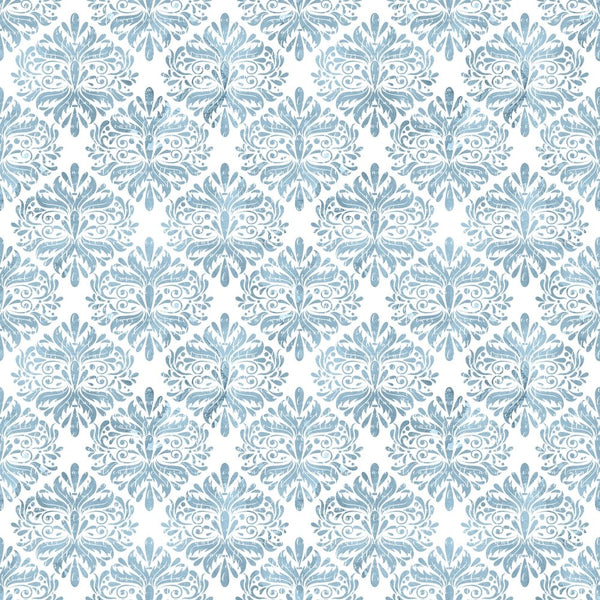 Powder Blue Damask on White Fabric - ineedfabric.com