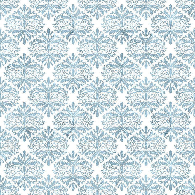 Powder Blue Damask on White Fabric - ineedfabric.com