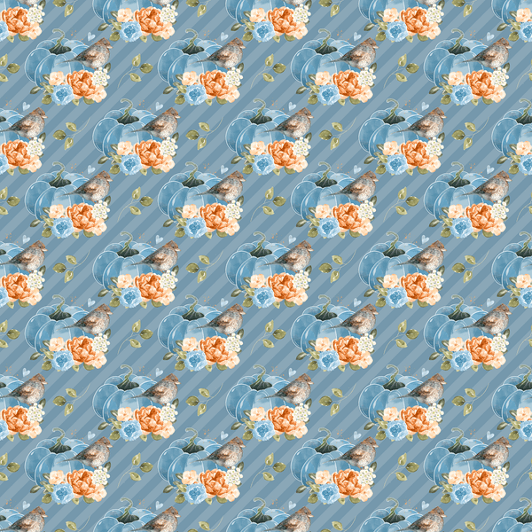 Pumpkin & Birds Striped Fabric - Blue - ineedfabric.com