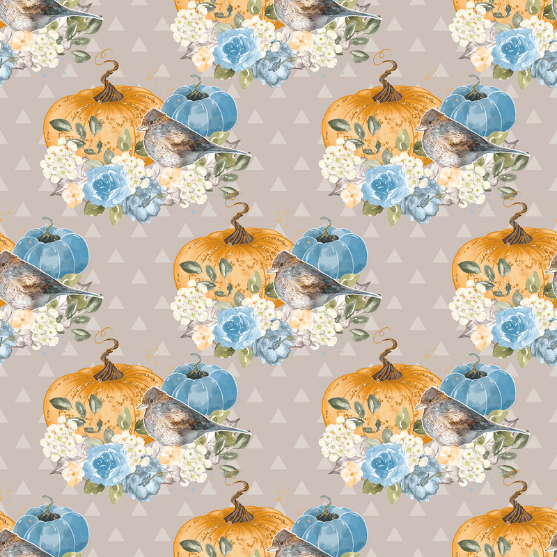 Pumpkin & Birds Triangle Fabric - Gray - ineedfabric.com