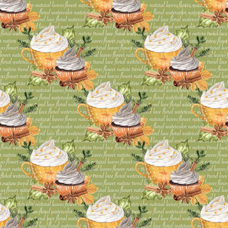 Pumpkin Spice Latte Cupcake on Words Fabric - Green - ineedfabric.com