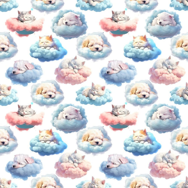 Puppies & Kittens Sleeping On Clouds Fabric - ineedfabric.com