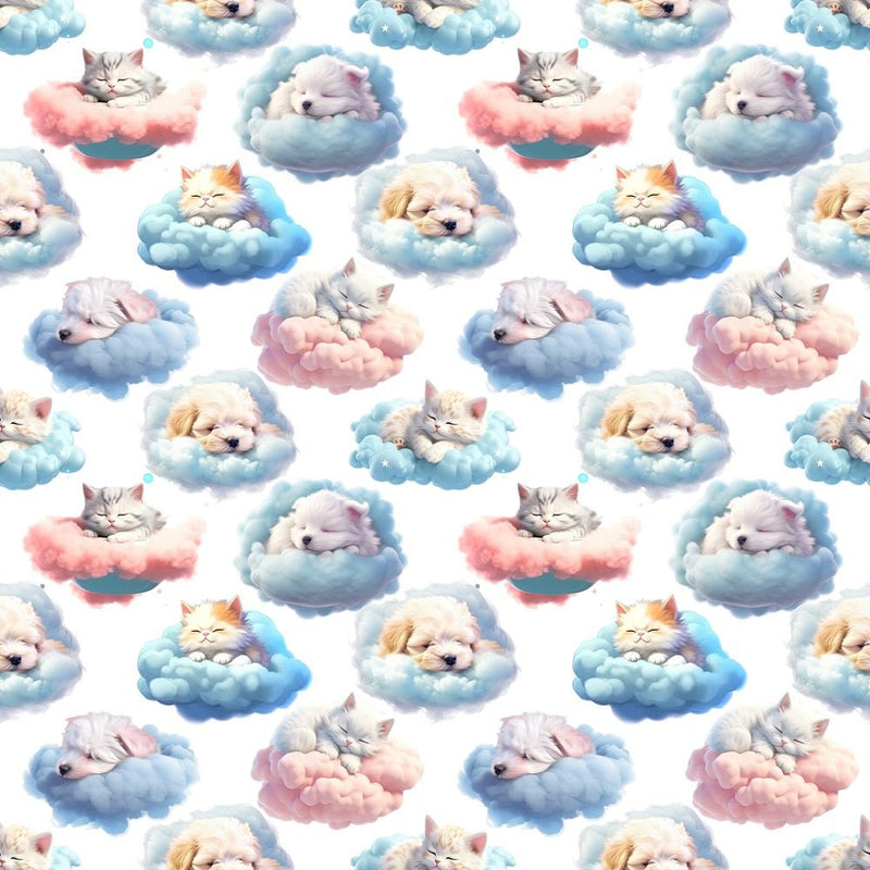 Puppies & Kittens Sleeping On Clouds Fabric - ineedfabric.com