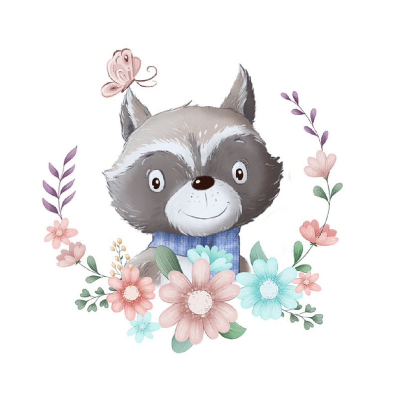 Raccoon With Floral Wreath Fabric Panel - White - ineedfabric.com