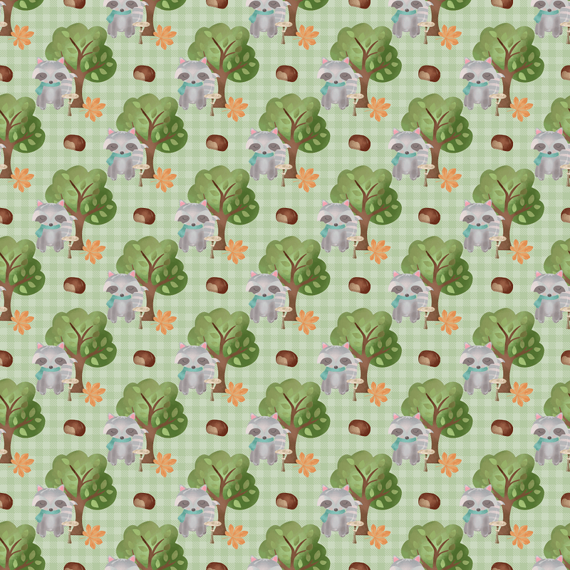Raccoons In The Forest Fabric - Green - ineedfabric.com