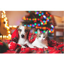 Realistic Dog and Cat Near Christmas Tree Fabric Panel - ineedfabric.com