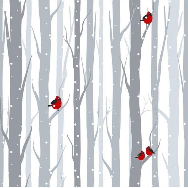 Red Birds on Snowy Birch Trees Fabric - ineedfabric.com