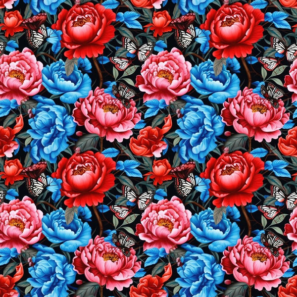Red & Blue Floral Butterfly Fabric - ineedfabric.com