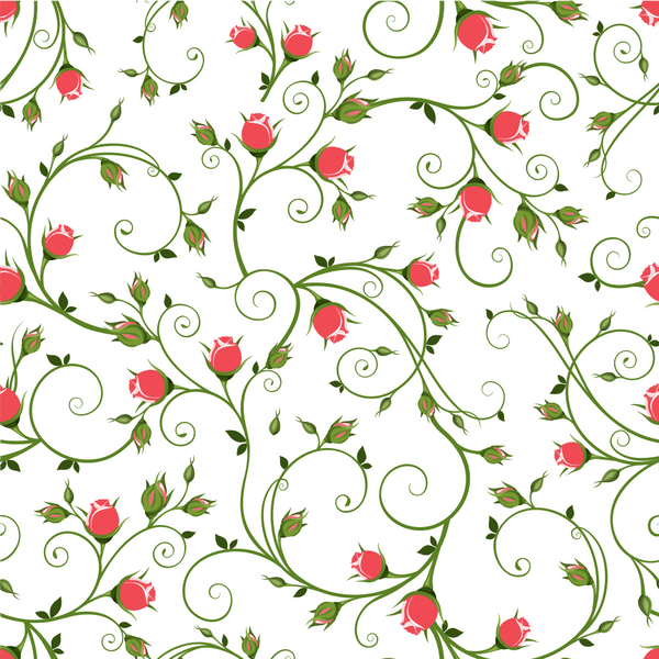 Red Rosebuds on Vines Fabric - White - ineedfabric.com