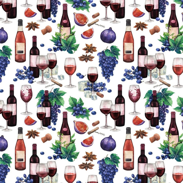 Red Wine With Fruits And Cheese Fabric - White - ineedfabric.com