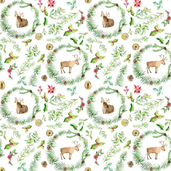 Reindeer Wreath & Elements Fabric - White - ineedfabric.com