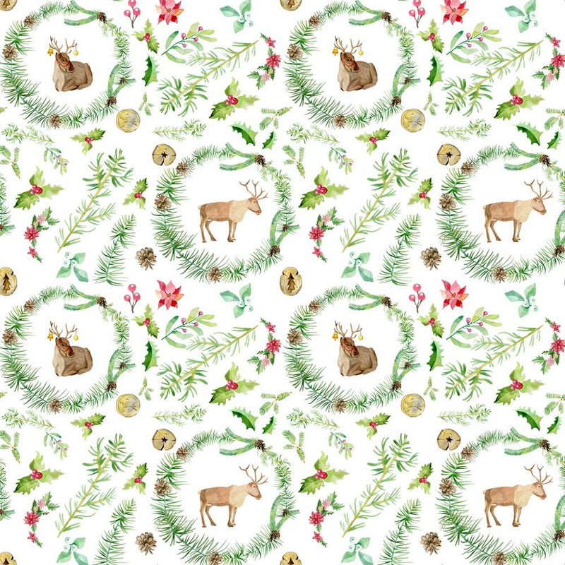 Reindeer Wreath & Elements Fabric - White - ineedfabric.com