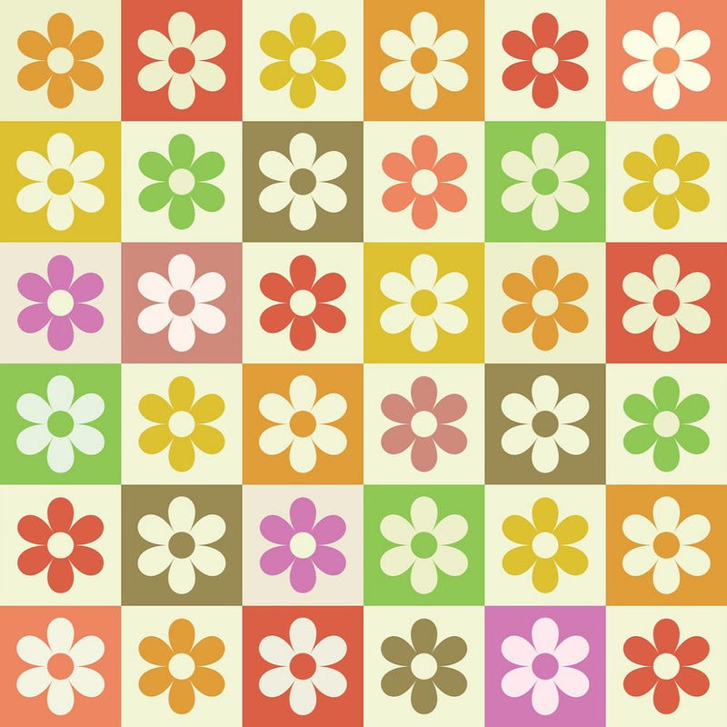 Retro Checkered Flowers 2 Fabric - Multi - ineedfabric.com
